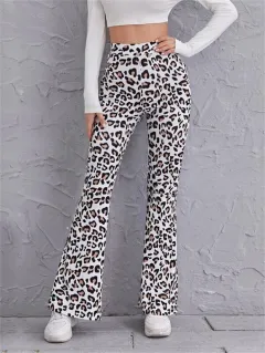 Printed High Waist Stretch Flare Pants - Leopard Print - View 1