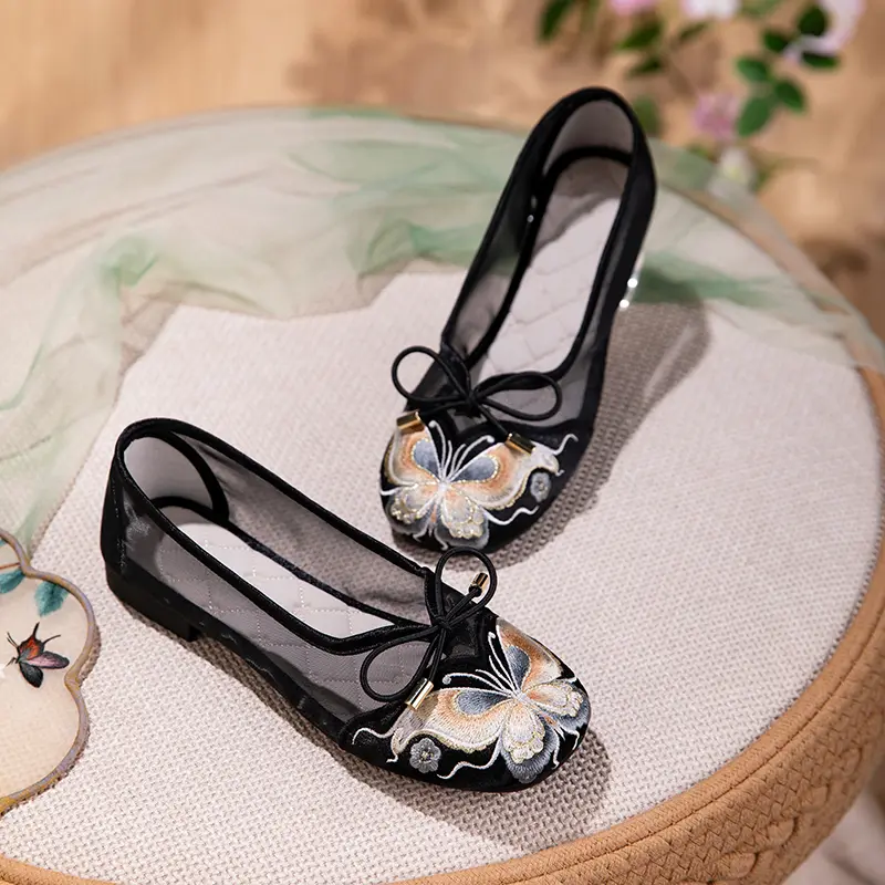 Butterfly Embroidered Mesh Shoes For Women - Spring & Summer Breathable Flats, Shallow-Cut Soft Sole Shoes For Hanfu & Mamian Skirts