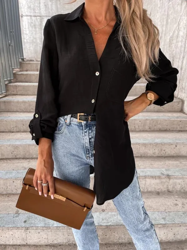 Women's Simple Solid Color Roll Sleeve V Neck Button Lapel Shirt Black - Shop at LoveMi