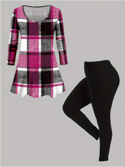 Plaid Two-piece Set, Casual Long Sleeve Crew Neck Top Pants Outfits