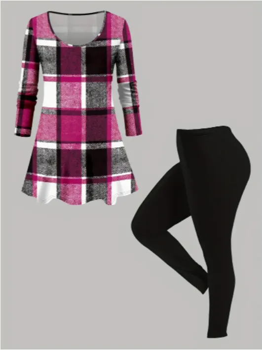 Plaid Two piece Set, Casual Long Sleeve Crew Neck Top Pants Outfits Pink - Shop at LoveMi