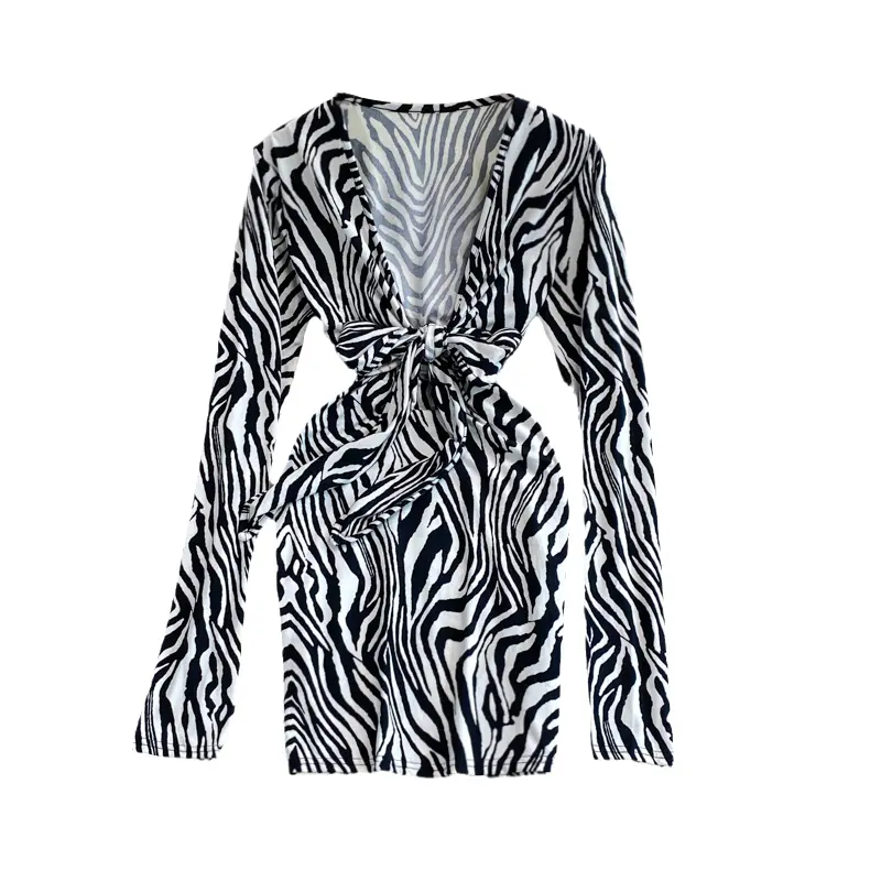 Women's Deep V Neck Zebra Print Long Sleeve Slim Fit Hip Dress