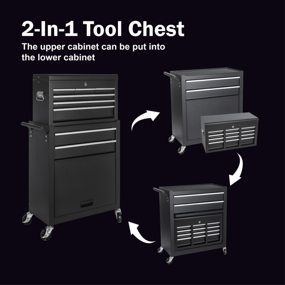 Tool Chest, 8-Drawer Rolling Tool Storage Cabinet With 2 In 1 Detachable Top Tool Box, Liner, Lockable Wheels, Side Hooks, Locking Mechanism, Metal Tool Cart For Garage thumbnail 5