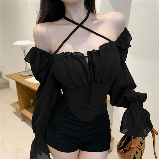 One Line Neck Long Sleeved Ruffled Chiffon Shirt Black - Shop at LoveMi