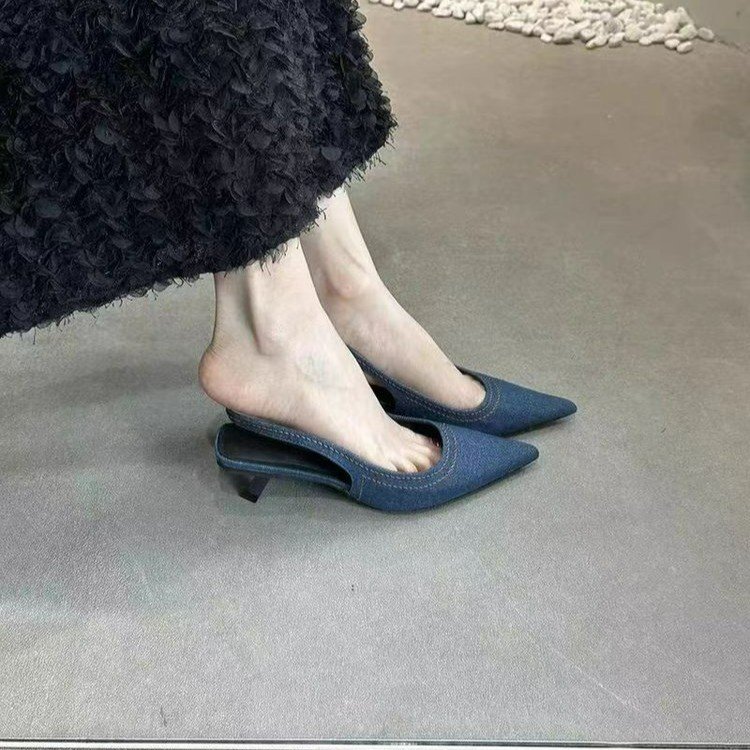 Denim Pointed Toe Mule Heels, picture 4 of 4