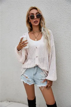 Hollow Personality V-neck Fashion Loose Cardigan Button Sweater Sweater - Apricot Pink - View 1