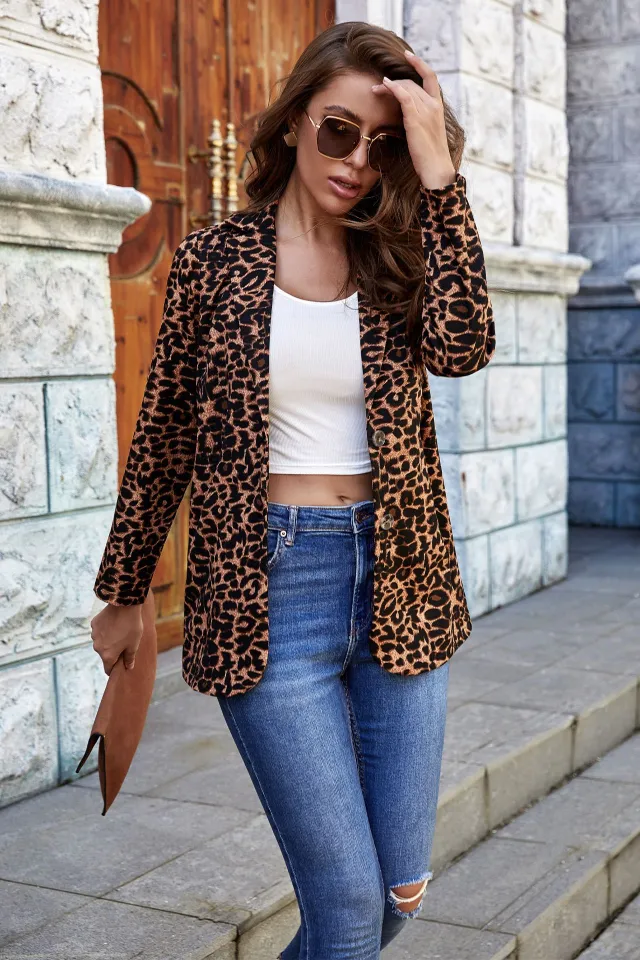 Cardigan Leopard Print Lapel Tie Button Blazer Brown Leopard - Shop at LoveMi