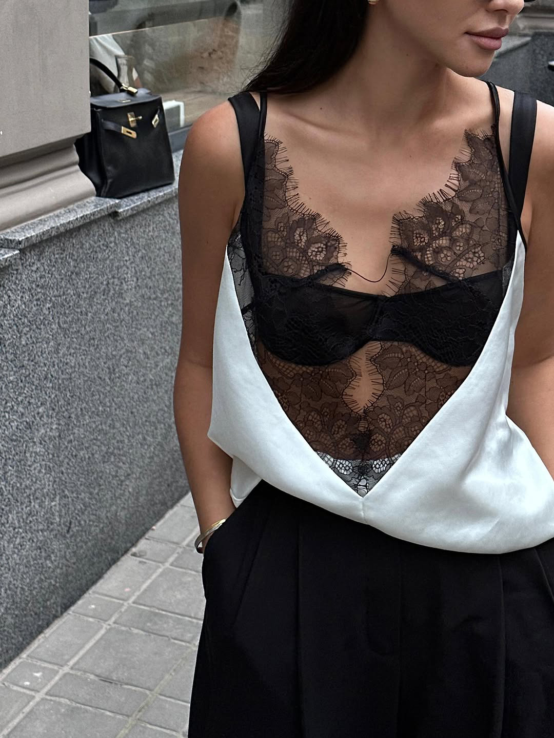 Sexy Lace Panel Satin Top