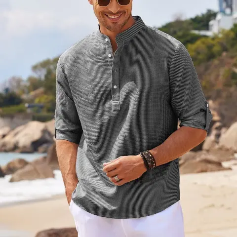 Men's Casual Shirt Long Sleeve Stand Collar Solid Color