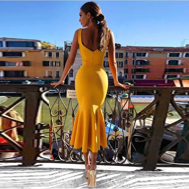 Lotus Leaf Fishtail Dress Ruffled Backless Yellow - Shop at LoveMi