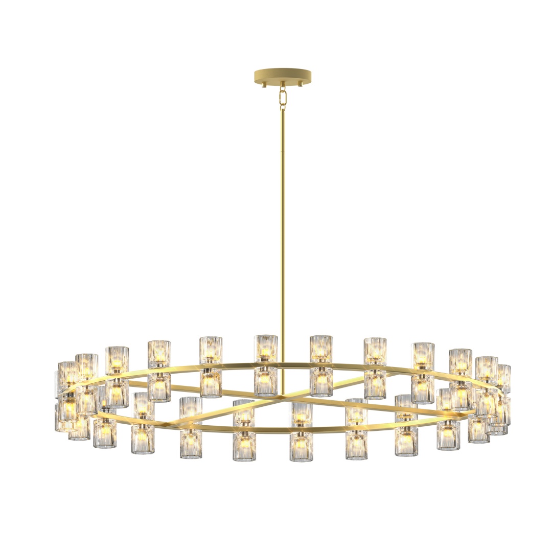 48 Inch Gold Wagon Wheel Chandelier With Crystal Shade, 48 Lights, Modern Farmhouse Style, Ideal For Dining Room, Kitchen, Entryways