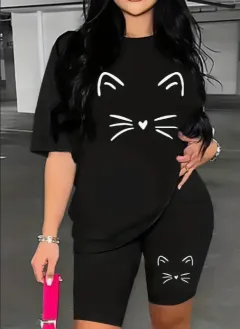 Cute Cat Print Two-piece Set, Short Sleeve T-Shirt & Biker Shorts Outfits For Spring & Summer, Women's Clothing - Black - View 1