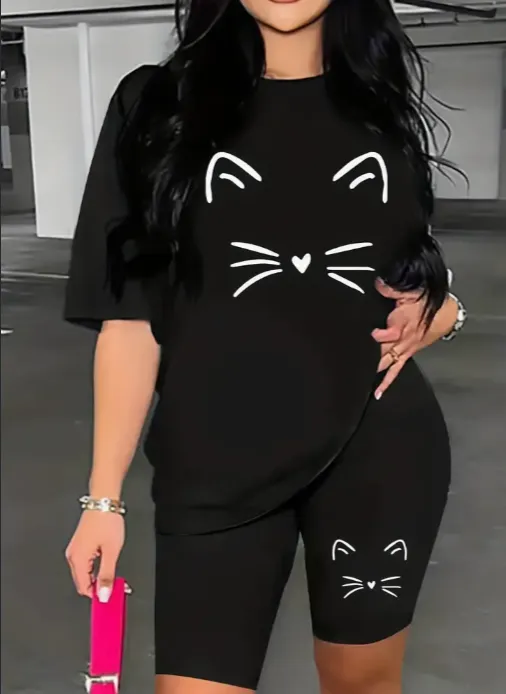 Cute Cat Print Two piece Set, Short Sleeve T Shirt & Biker Shorts Outfits For Spring & Summer, Women's Clothing Black - Shop at LoveMi
