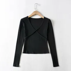 Women's Solid Color Long Sleeve V-Neck Slim Fit T-Shirt - Black - View 1