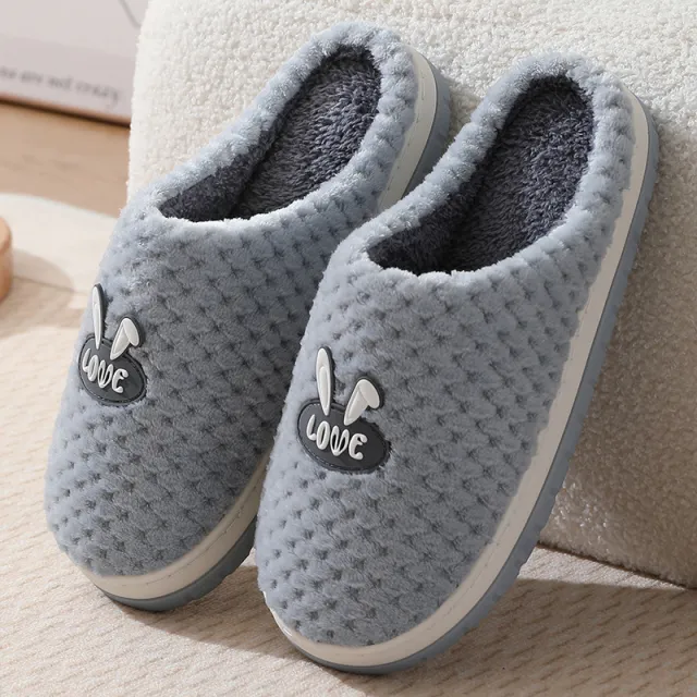 Cute Rabbit Plaid Design Home Slippers Winter Warm Thick soled Cotton House Shoes For Women Indoor Non slip Solid Couple Plush Slipper Grey - Shop at LoveMi