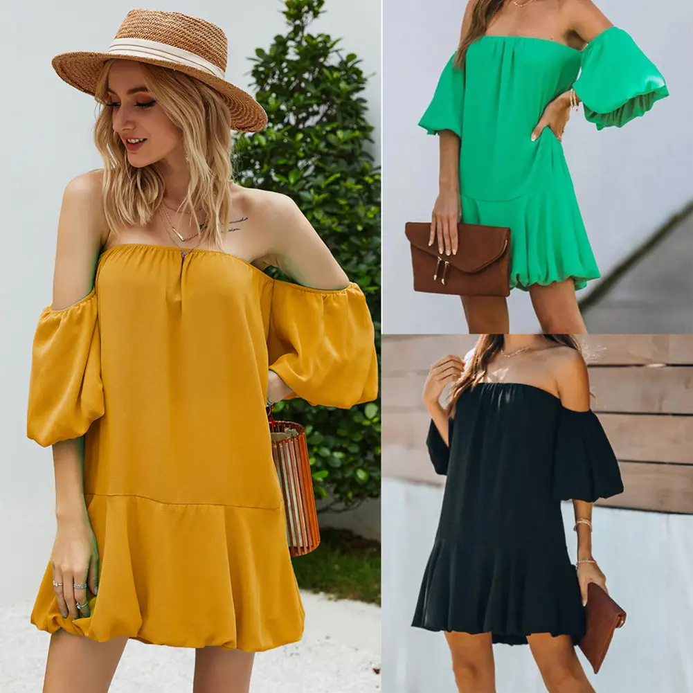 European And American Summer Lantern Sleeve One-shoulder Dress