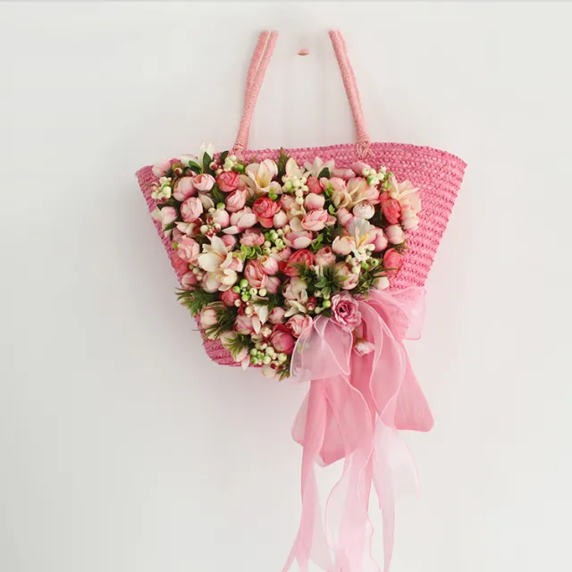 Ladies Handmade Flower Big Brim Straw Hat Mm226 Pink Flower Handbag - Shop at LoveMi