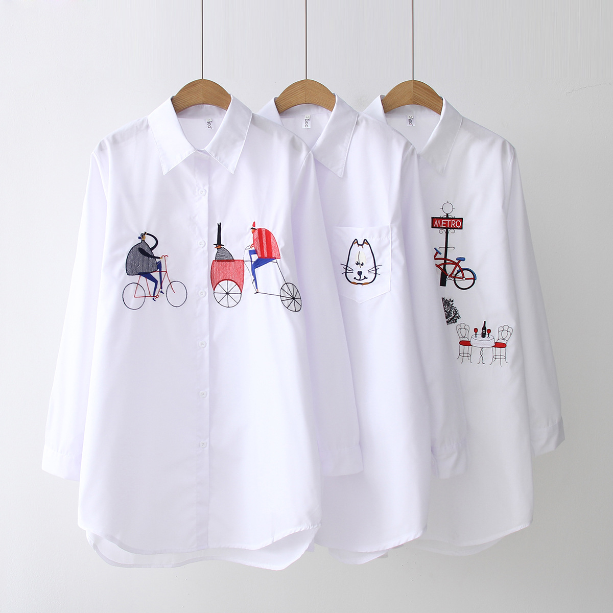 Title 3, Harajuku Embroidery White Cotton Shirt Vintage