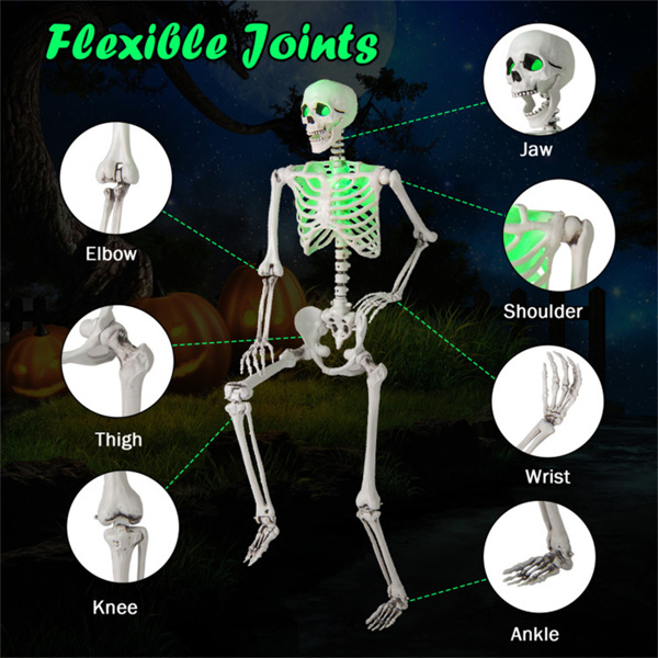 5.5ft Life-Size Pre-Lit Halloween Skeleton - Built-In Green LED Lights (Eyes/Chest), Fully Poseable Joints, PP+PE Material-18