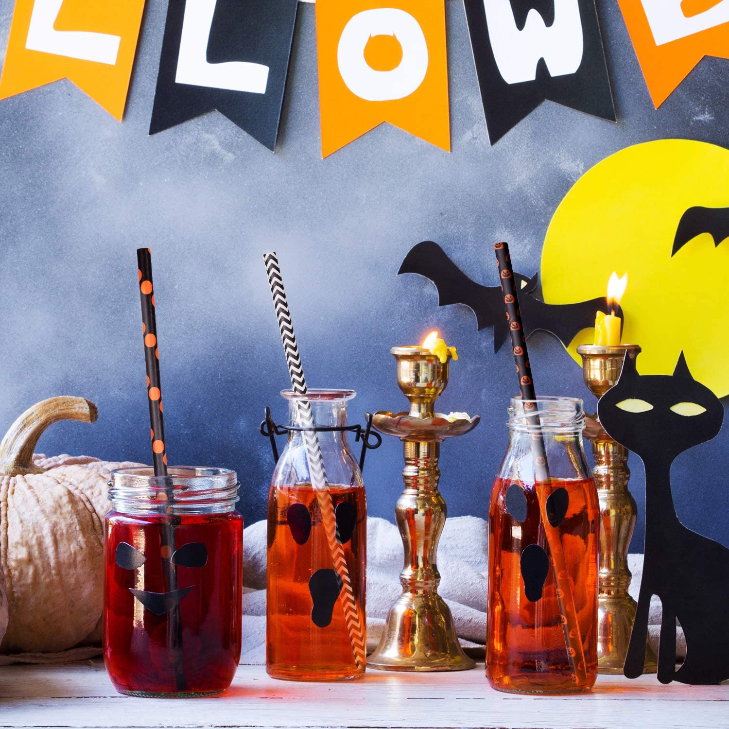Pailles en papier biodégradables pour boisson d’Halloween – imprimé léopard, 20 pailles et 2 brosses