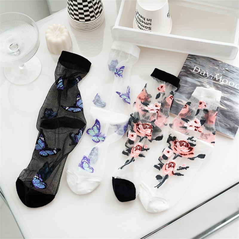 2pairs Little Flower Glass Silk Socks Women's New Line Flower Socks Children's Summer Japanese Transparent Middle Tube Socks