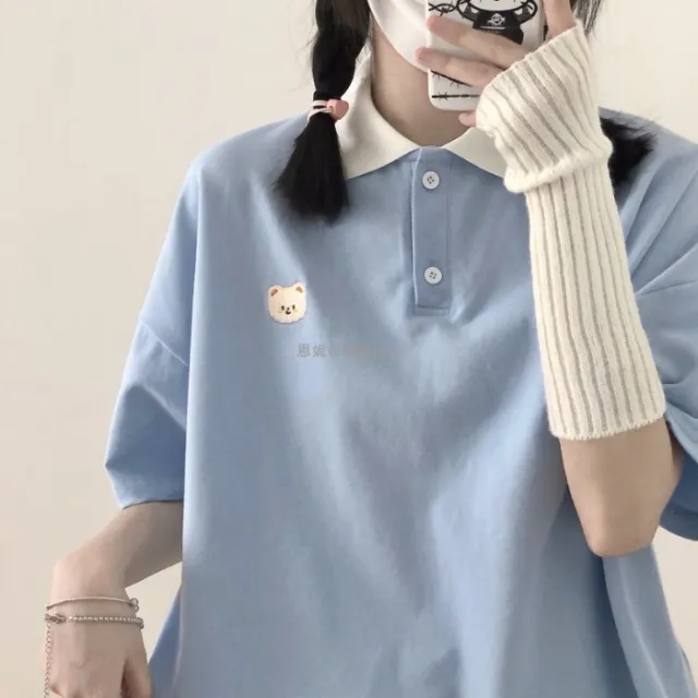 Love Color Matching Bear Embroidery Loose Short Sleeves Blue - Shop at LoveMi