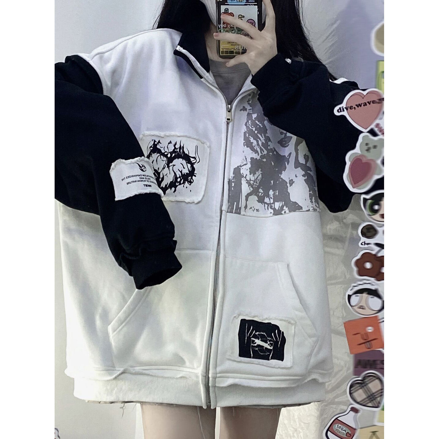 Vintage Black And White Colorblock Trend Appliqu Loose Cardigan Top