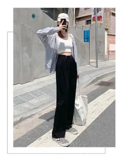 High Waist Adjustable Buckle Straight Wide Leg Mopping Pants - Black - View 1