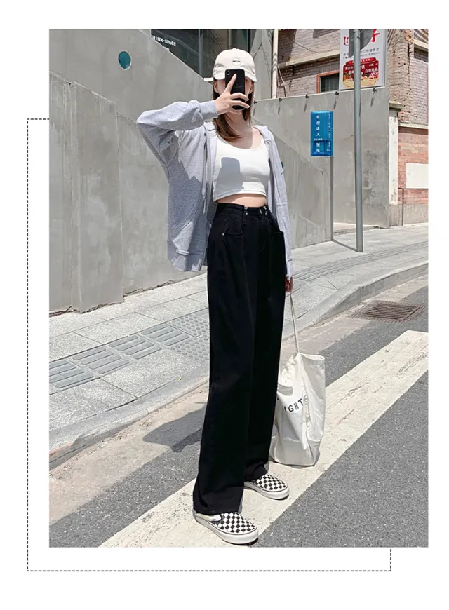 High Waist Adjustable Buckle Straight Wide Leg Mopping Pants Black - Shop at LoveMi