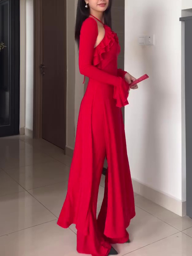 Three-piece Red Ruffled Halterneck Pants Suit