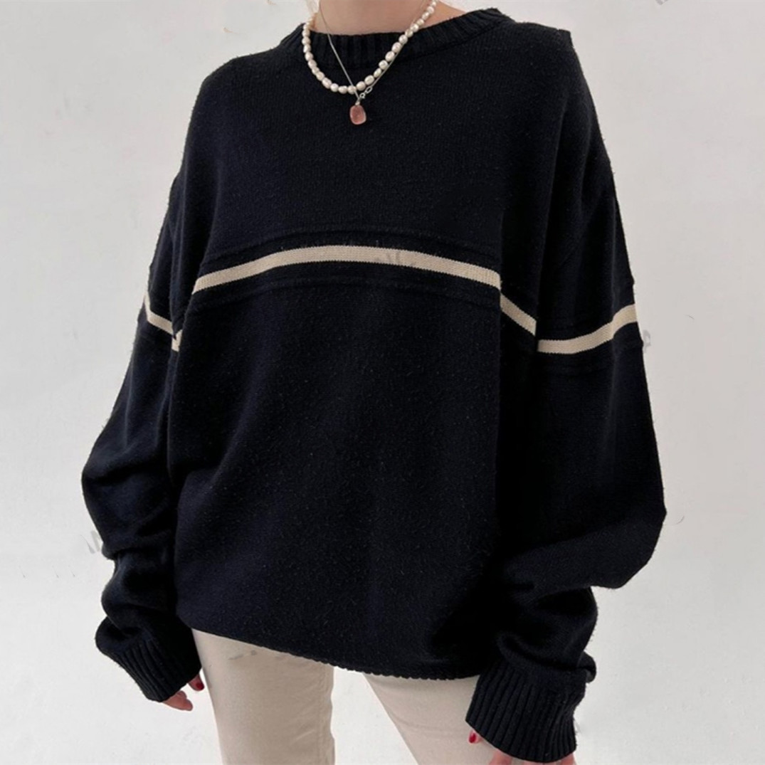 Retro Crew Neck Dark Blue College Striped Ins Knitted Sweater