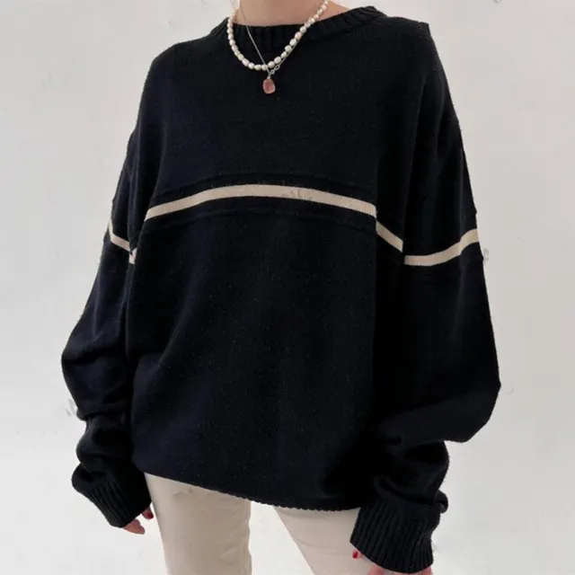 Retro Crew Neck Dark Blue College Striped Ins Knitted Sweater Navy Blue - Shop at LoveMi