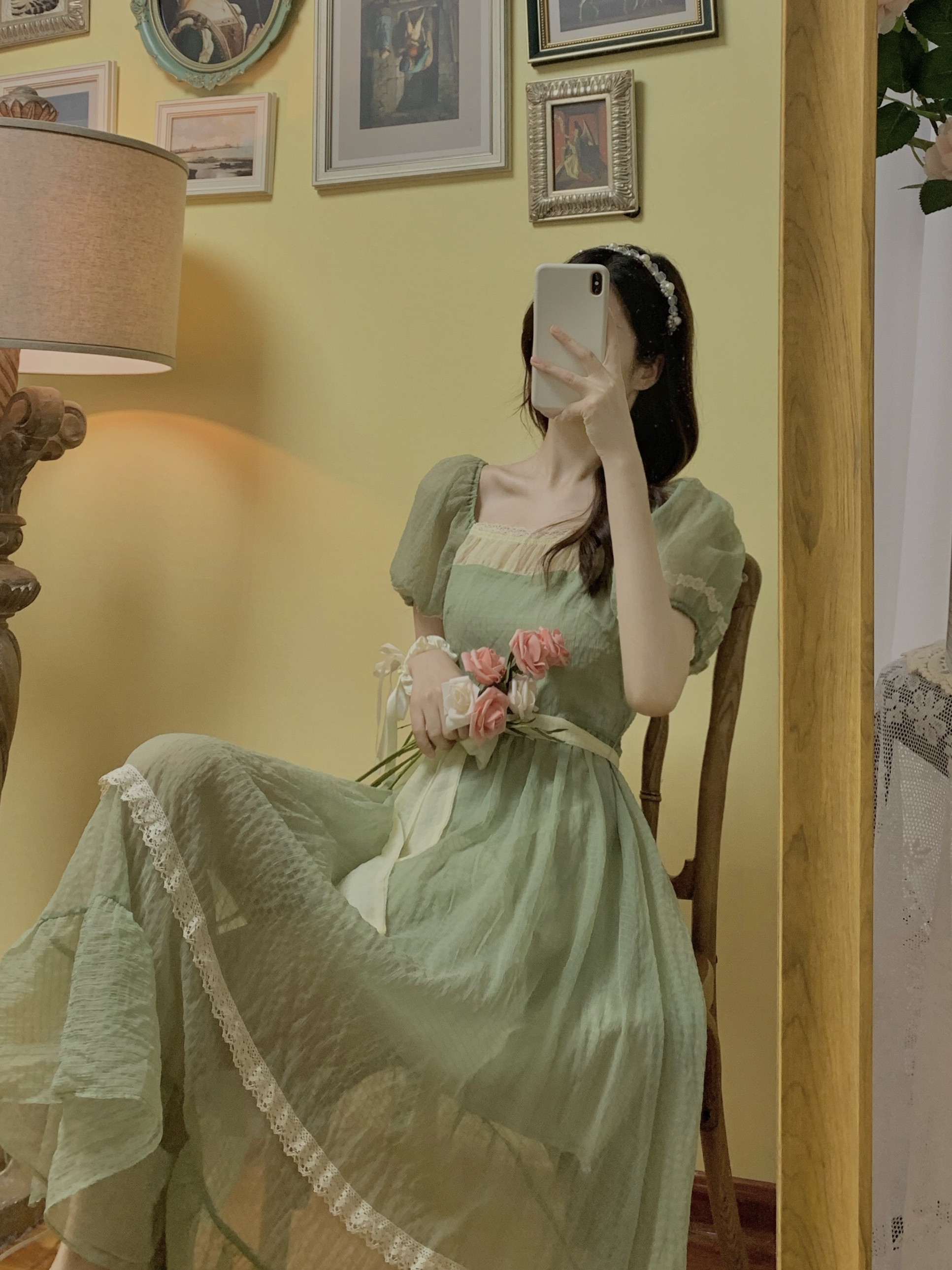 Chiffon Square-Neck Long Dress, picture 4 of 5