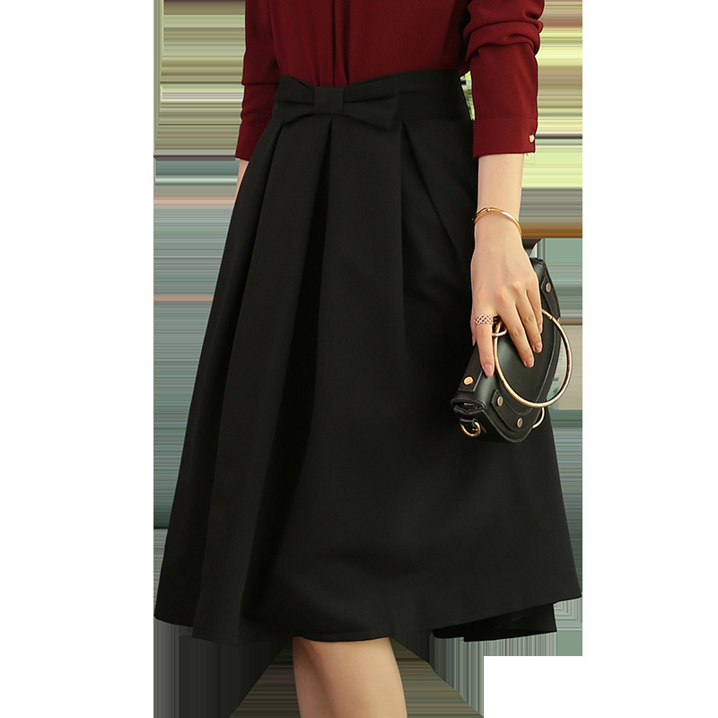 Title 2, Black skirt with bow tie, slim waist, professio...