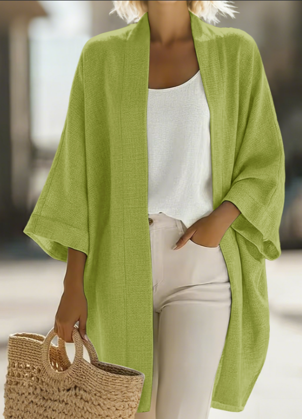 Women's kimono cardigan – fabric and style detail infographic