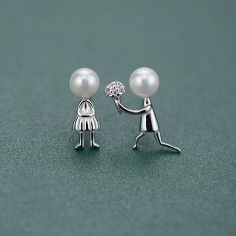 Asymmetric Pearl Stud Earrings Romantic Proposal Cartoon Doll