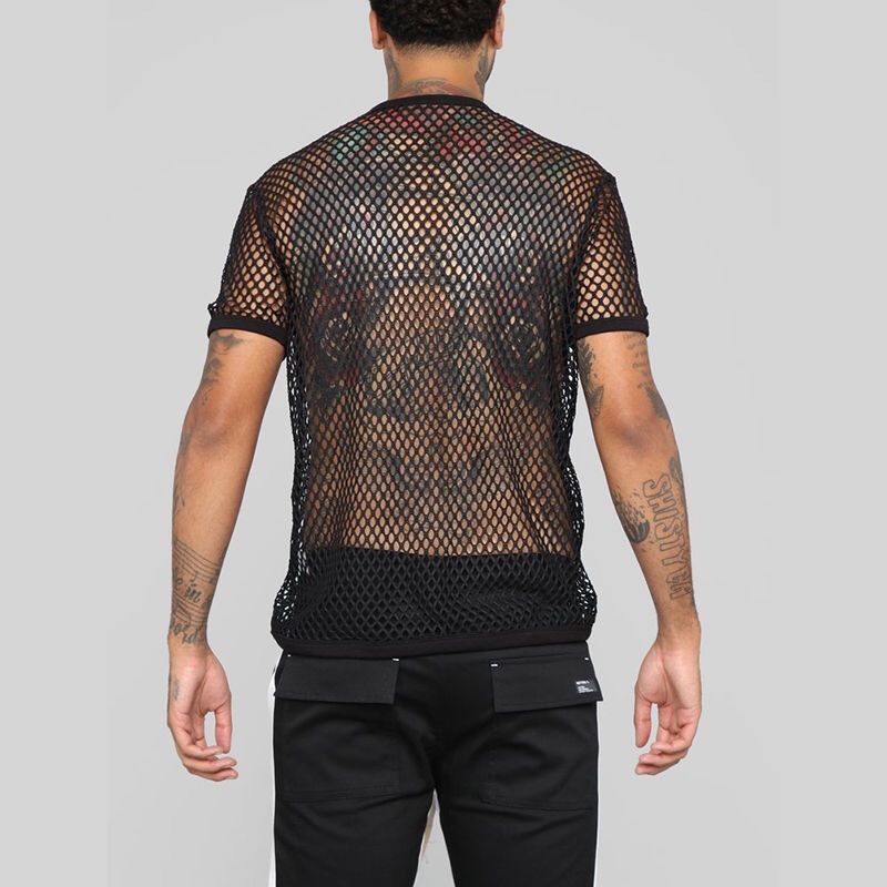 Title 4, See-through T-shirt Hollow Short Sleeve Grid