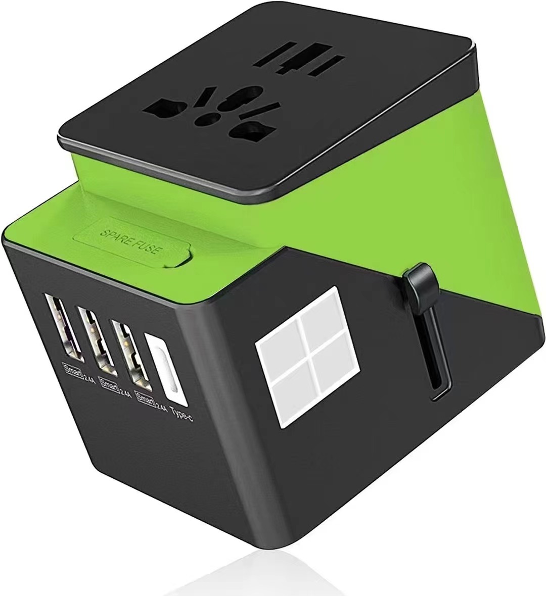 International Power Adapter with 3 USB Ports suitable for worldwide traveling, 5 in 1 Portable Power Adapter design for charging 5 devices simultaneously, Built-in Smart IC Chip for automatic current adjustment, Top Safety Certified for surge protection a