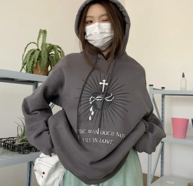 Hooded Printed Sweater And Velvet Retro Coat Grey - Shop at LoveMi