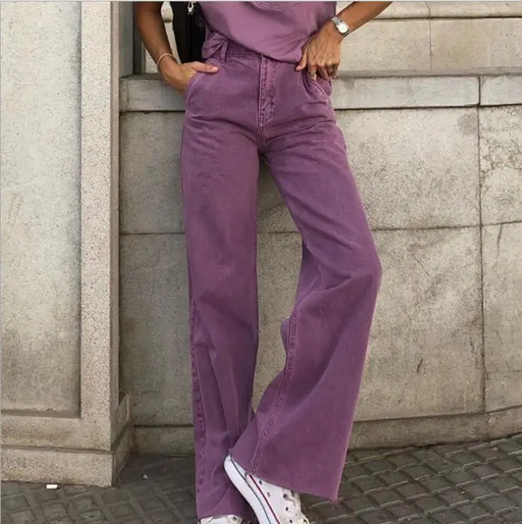 Women's Wide-leg Flared Loose Three-color Jeans - Purple