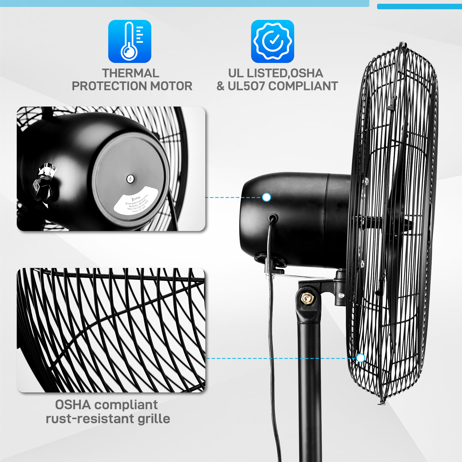 20 Inch Oscillating Pedestal Floor Fan, 5000 CFM High Velocity Standing Fan With BLDC Copper Motor, 4 Speeds Adjustable Height & Tilt Aluminum Blades Metal Industrial Fan For Garage Workshop Comm — foto 7