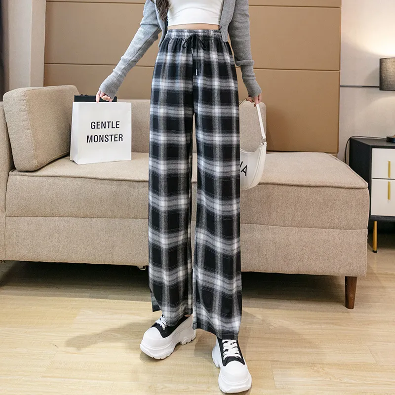 High Waist Loose Straight Drape Net Red Casual Pants Wide Leg Pants - Black Grid