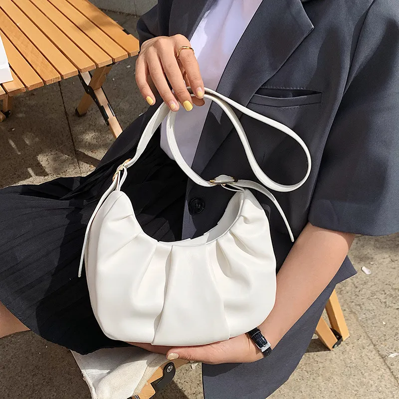 Women's New Fashion Pleated One Shoulder Cloud Messenger Bag - White