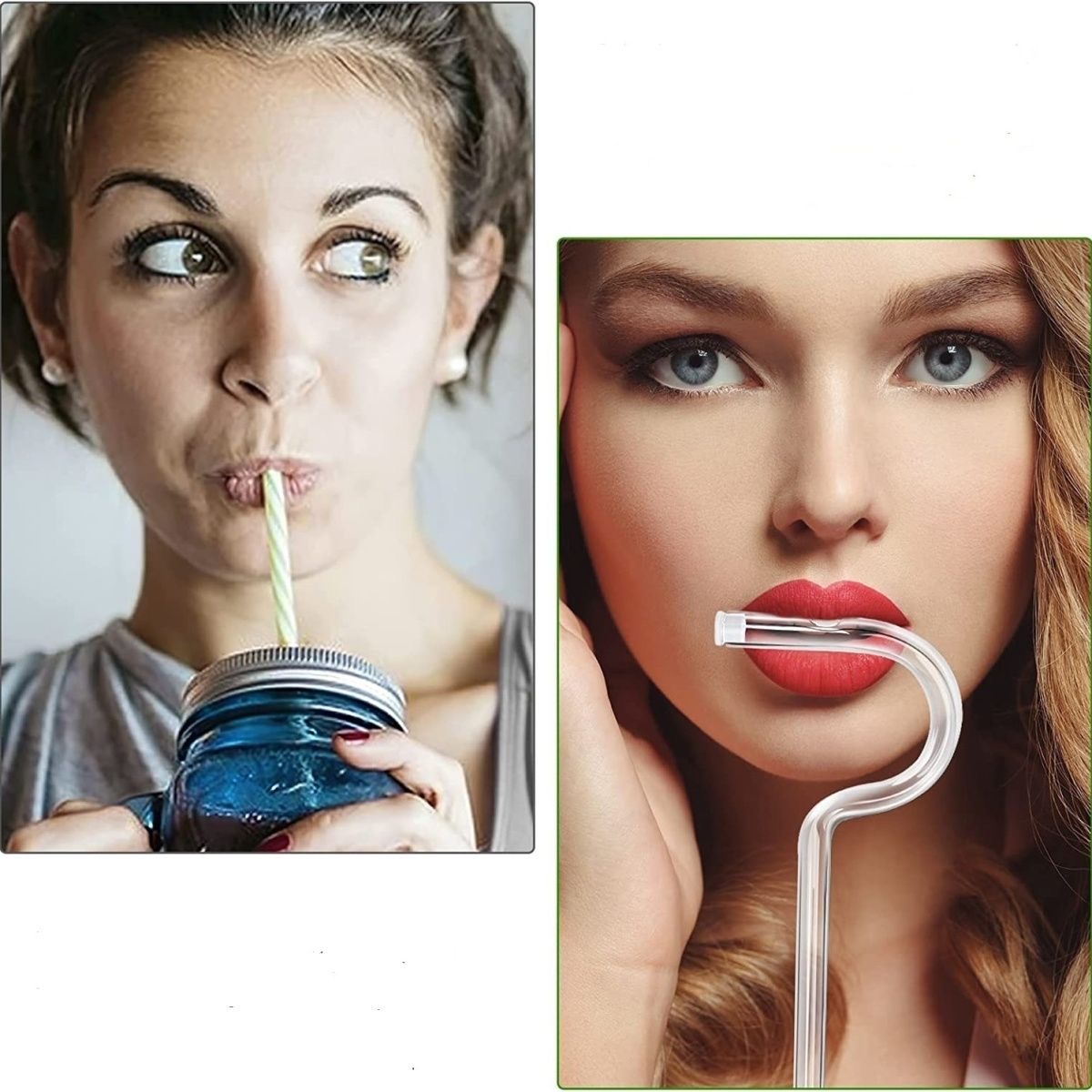 Glass drinking straw and cleaning brush set with flute style design for engaging lips horizontally, anti-wrinkle, and reusable.