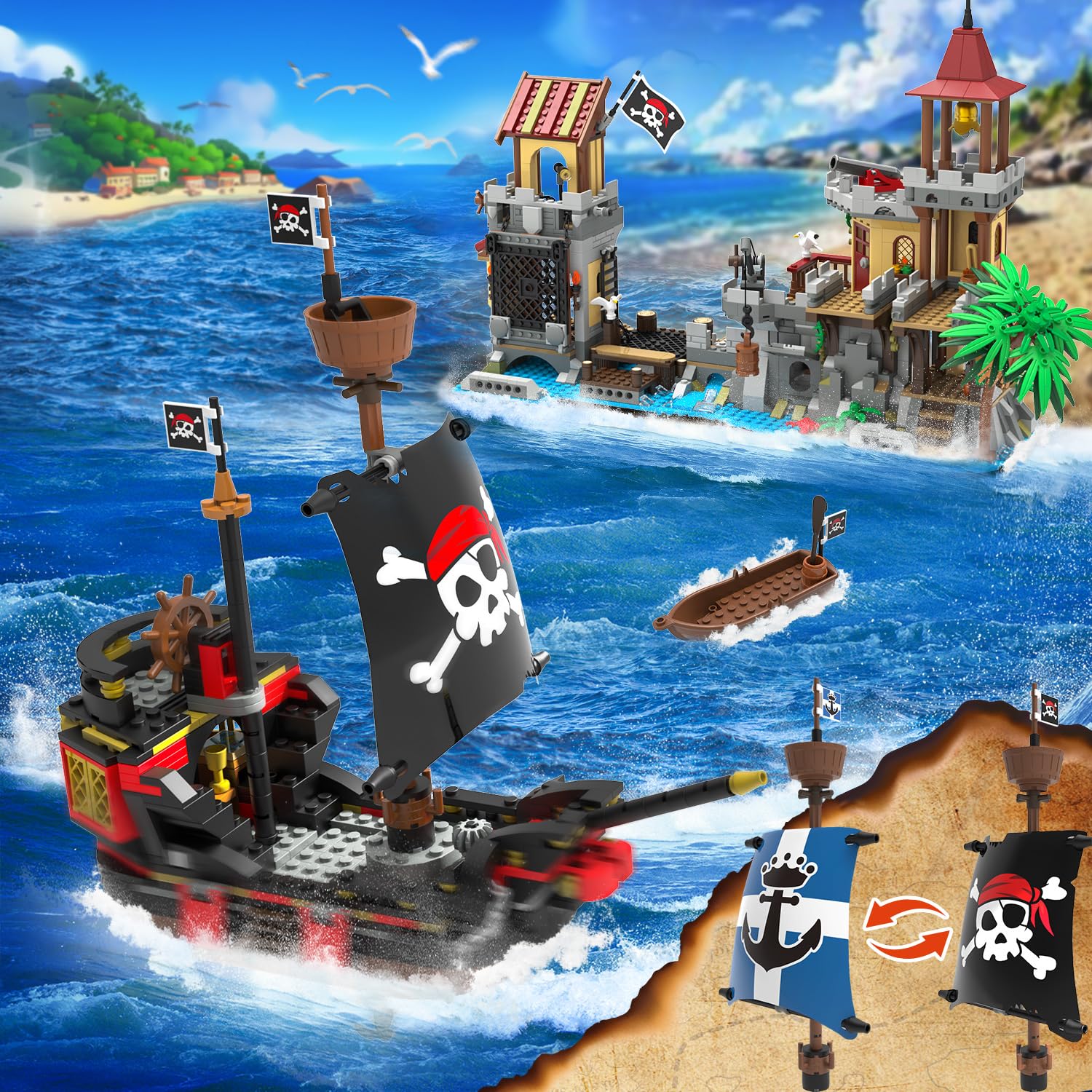 Pirate Castle Building Set With Light, 3 Modes Big Pirates Ship Bay Building Block 1502 PCS, Medieval Pirate Wharf House Construction Model Toy Home Decor For Adults Teens Boys Girls
