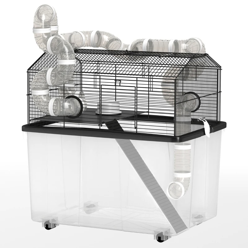 2 Tier Hamster Cage With 12 Deep Tray, Tube System, Water Bottle, Ramp, Feeding Bowl, Black