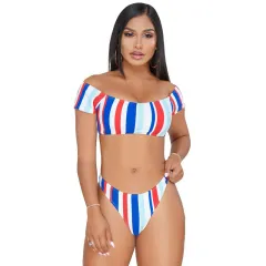Split Bikini Striped Two-piece Swimsuit - Blue - View 1