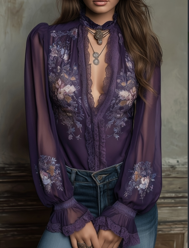 A Stand-up Collar Lace Embroidered Top