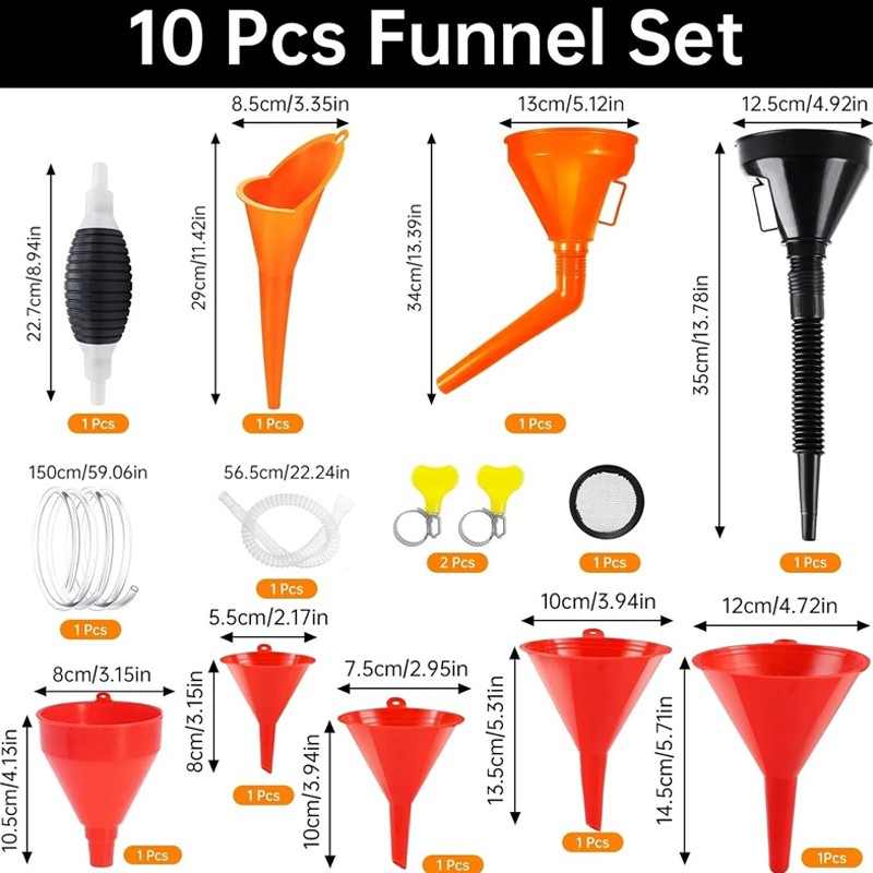 10 Pcs Fuel Funnels Set Plastic Neck Oil With Detachable Spout&Filter — image 2