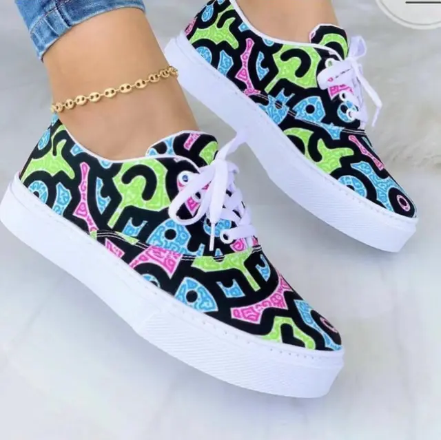 Lace up Flats Shoes Print Canvas Fashion Walking Sneakers Women Green - Shop at LoveMi